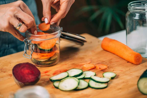 Fermentation Process Woman Preparing Vegetables Fermentation Home Cutting Cucumber Beets —  Fotos de Stock