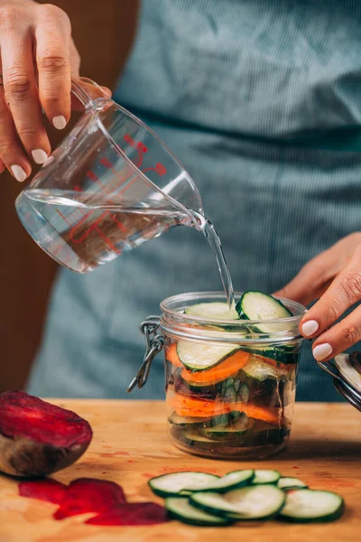 Homemade Fermented Vegetables Woman Pouring Water Jar Vegetables Vegetable Fermentation —  Fotos de Stock