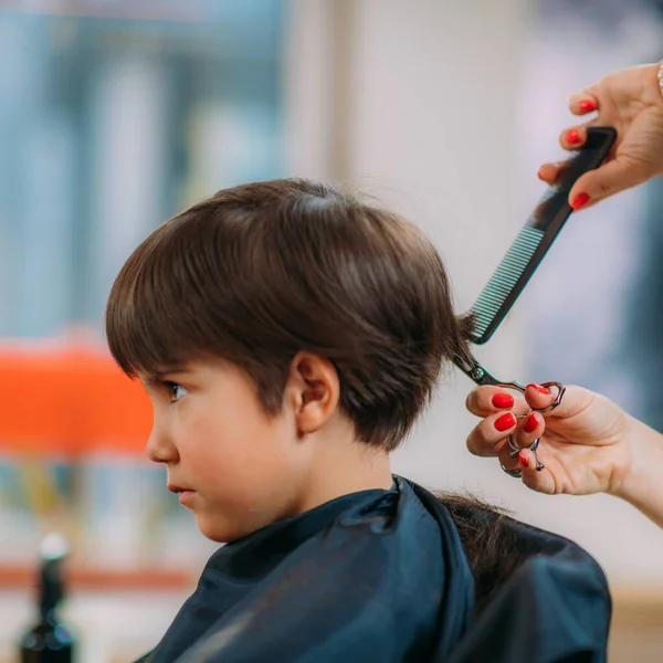 Boy Having His Hair Cut Hairdresser Salon — Foto de Stock