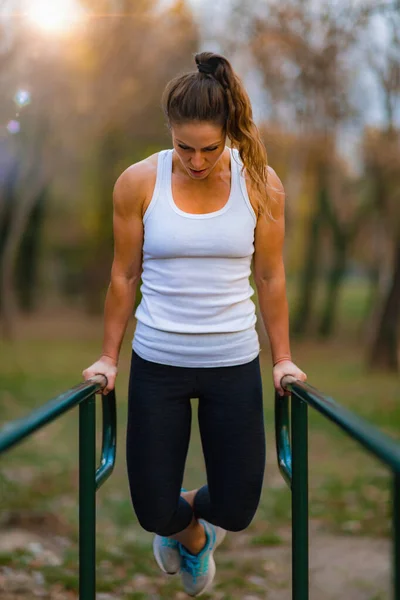 Woman Exercising Parallel Bars Park — Photo