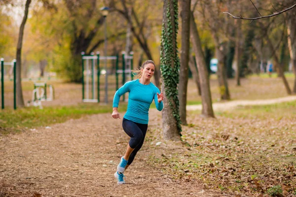 Woman Jogging Outdoors Park Nature Park Yellow Background —  Fotos de Stock