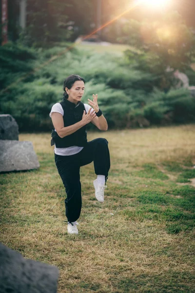 Енергопрактика Гонга Доросла Жінка Займається Фізичними Вправами Парку — стокове фото