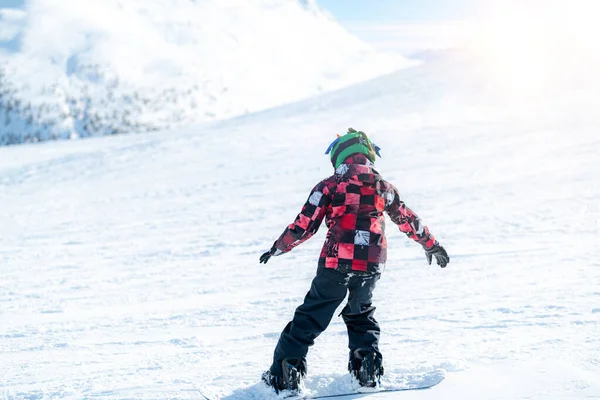 Cute Boy Snowboarding Slope — Photo