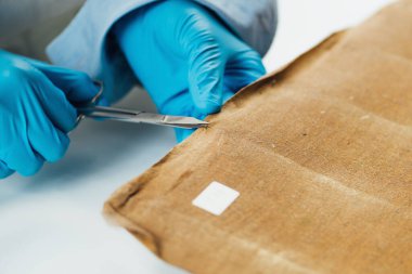 Profesyonel bir avukat antika yağlı boya tuvalinin tersten pisliğini temizliyor.