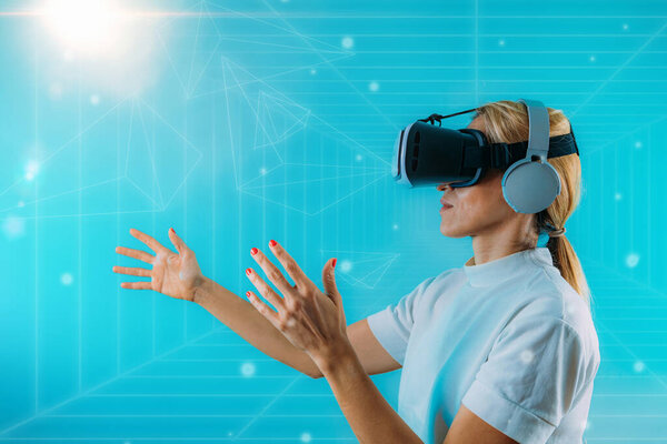 Metaverse Digital Cyber Technology, Woman with Virtual Reality Headset. 