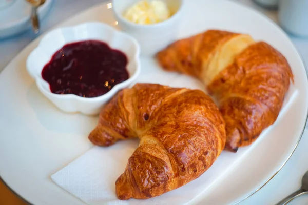 Traditional French Breakfast Buttered Croissant Berries Jam Butter Coffee — Stock Photo, Image