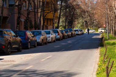 Sırbistan 'ın Novi Sad kentindeki araba parkı ve Dunavski Park yaşam alanı manzarası