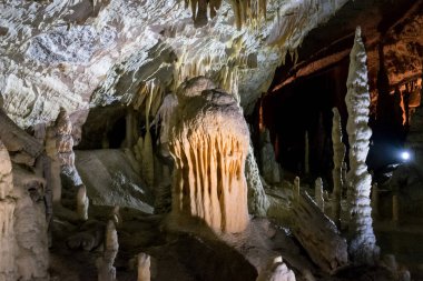 Slovenya 'nın en büyük mağara sistemlerinden biri olan Postojna mağarası dikitleri ve sarkıtları
