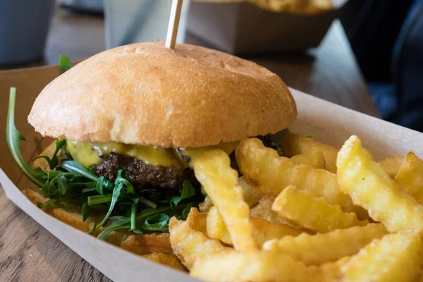 Traditional pub meal - fish burger with french fries