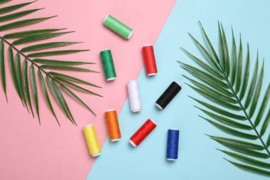 Mavi-pembe pastel arka planda palmiye yaprakları olan renkli iplik derileri