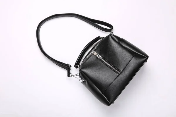 Fashionable Leather Black Handbag White Background Top View — Stock Photo, Image