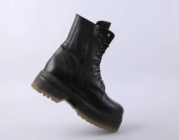 Levitating Leather Boot Gray Background — Stock Photo, Image