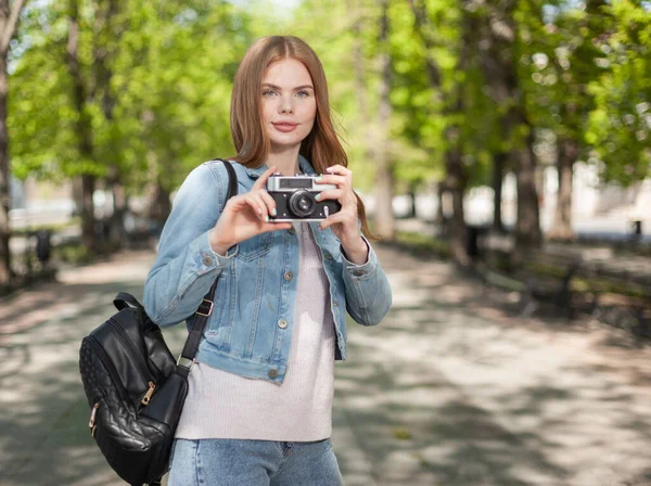 Cute Young Attractive Woman Tourist Denim Jacket Retro Camera City — Stock Photo, Image