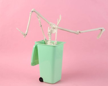 Oyuncak kutusundaki iskelet pembe arka planda