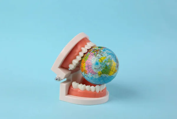 Plast Modell Mänsklig Käke Med Glob Blå Bakgrund — Stockfoto