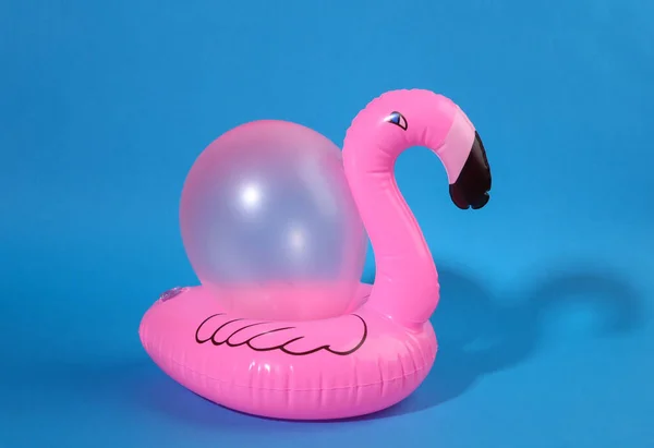 Pink Balloon Inflatable Flamingo Light Blue Background Minimal Beach Party — Foto Stock