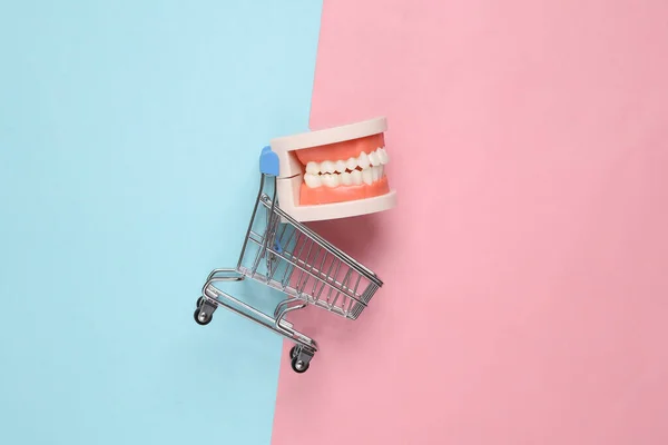Shopping Vagn Med Modell Mänsklig Käke Rosa Blå Pastell Bakgrund — Stockfoto