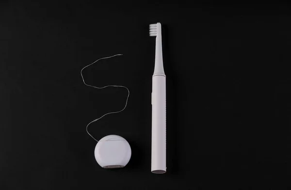Dental Care Concept Toothbrush Dental Floss Black Background — Stock Photo, Image