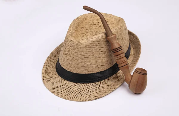 Straw Hat Smoking Pipe White Background — Stock Photo, Image