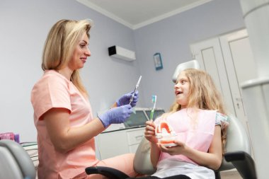 Little funny girl on examination at the dentist in the dental clinic. Visit to the dentist