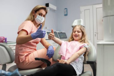Female Dentist and little girl patient show thumbs up while looking into the camera in dental clinic. Concept of pediatric dentistry, stomatology and dental care.