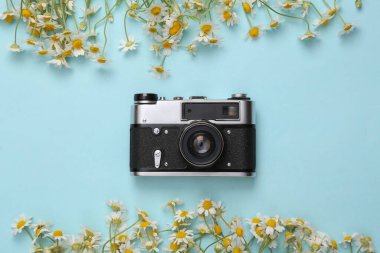 Mavi arka planda papatya çiçekli Retro kamera