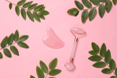 Yeşil yapraklı pembe arka planda yüz silindiri ve gua sha taş masaj aleti. Üst görünüm