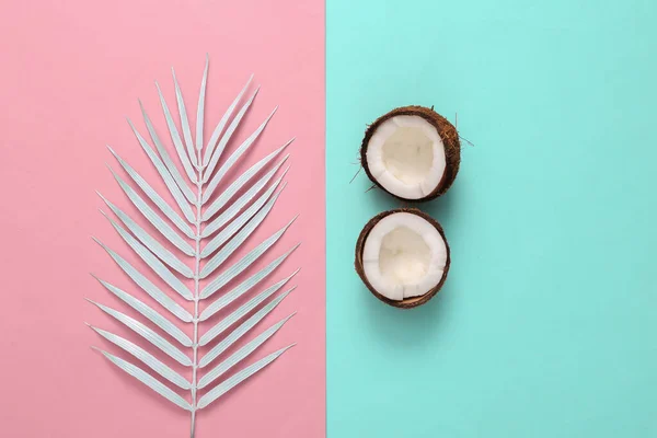 Coconut Halves White Palm Leaf Blue Pink Pastel Background Minimal — Fotografia de Stock