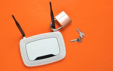 Wi-fi router with lock on orange background. Minimalism. Top view