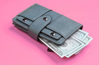 Deri çanta ve pembe arka planda 100 dolarlık banknotlar. Aile bütçesinin minimalist finansal konsepti