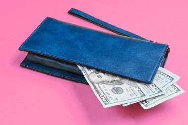 Deri çanta ve pembe arka planda 100 dolarlık banknotlar. Aile bütçesinin minimalist finansal konsepti