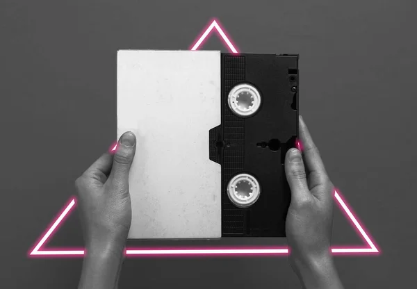 Hand Holding Video Cassette Synth Wave Retrowave Glowing Triangle Futuristic — Stock Photo, Image