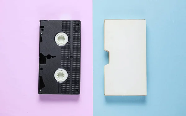 Retro Video Cassette Cover Color Paper Background Top View — Stock Photo, Image