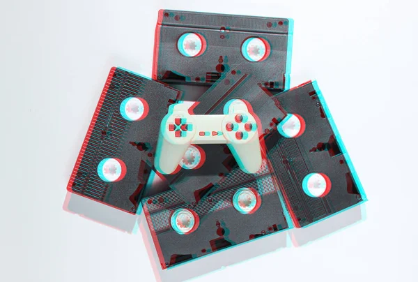 Gamepad Retro Video Cassettes Minimalism Studio Shot White Background Glitch — Stock Photo, Image
