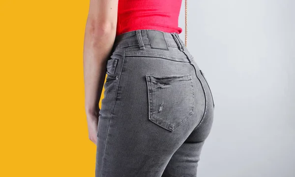 Fragment Female Body Jeans Shirt Side View — Stock Photo, Image