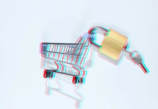 Minimalistiskt Shoppingkoncept Mini Shoppingvagn Med Ett Lås Vit Bakgrund Glitch — Stockfoto