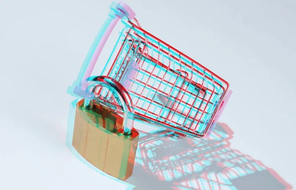 Minimalistiskt Shoppingkoncept Mini Shoppingvagn Med Ett Lås Vit Bakgrund Glitch — Stockfoto