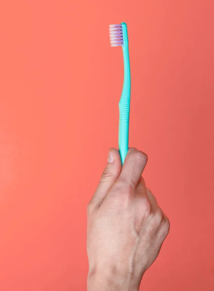 Toothbrush Hand Pink Background — Stock fotografie