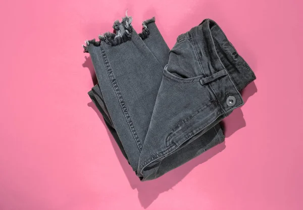 Minimalism Fashion Concept Gray Trend Jeans Pink Background — 스톡 사진