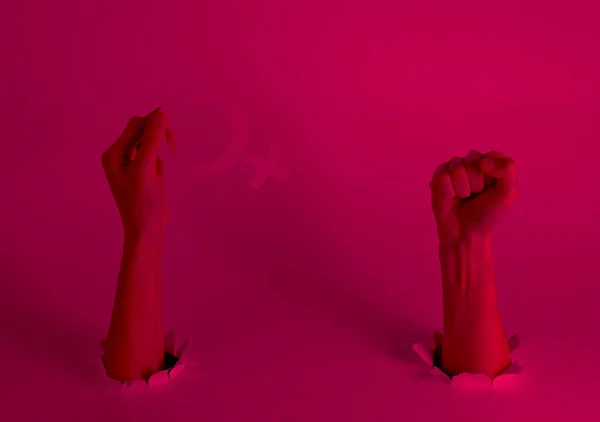 Women Hands Hold Feminist Gender Symbol Fist Torn Holes Pink — Stockfoto