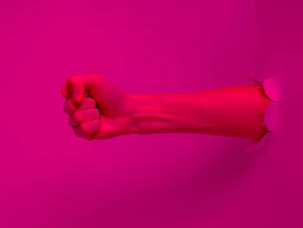 Femenism Symbol Fist Torn Holes Pink Neon Light Creative Art — Stok fotoğraf
