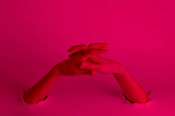 Woman Stretches Her Fingers Torn Holes Pink Neon Light Creative — Fotografia de Stock