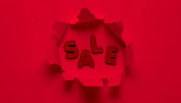 Word Sale Torn Hole Red Neon Light — Stock Photo, Image