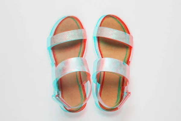 Fashionable Female Sandals White Background Glitch Effect Top View — Foto Stock
