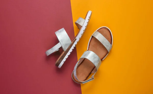 Leather Female Sandals Colored Background Summer Footwear Top View — Stockfoto