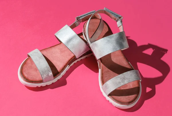 Stylish Women Sandals Pink Background Summer Footwear — Stockfoto