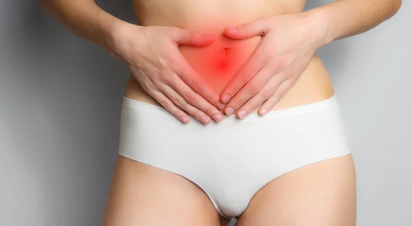 Abdominal Pain Inflammation Woman Holding Belly Menstruation — Stock Photo, Image