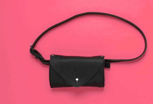 Stylish Belt Bag Pink Background Top View — Stockfoto