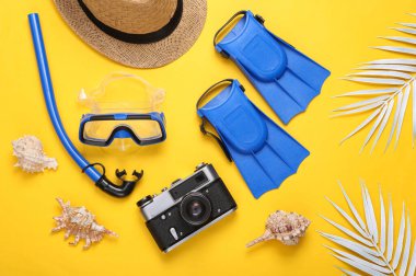 Sarı arka planda plaj nesneleri olan kompozisyon. Üst Manzara. Düz yatıyordu. Deniz mesleği