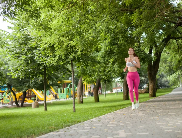 Morning Run Young Fit Women Jogging Park Healthy Lifestyle Cardio — Stock Photo, Image